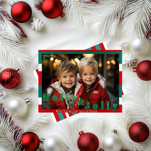 Rood en Groen 'Holly & Jolly' Kerstfoto Feestdagenkaart