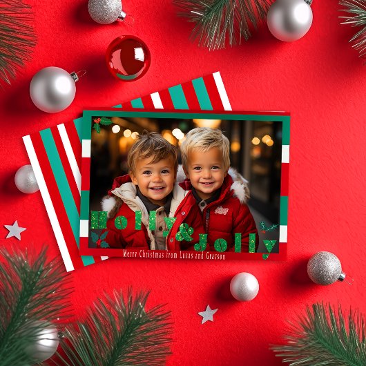 Rood en Groen 'Holly & Jolly' Kerstfoto Feestdagenkaart