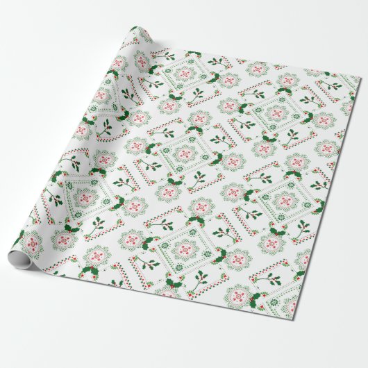 Rood en groen holly motief folkpatroon cadeaupapier (Uitgerold)