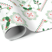 Rood en groen holly motief folkpatroon cadeaupapier (Rol Hoek)