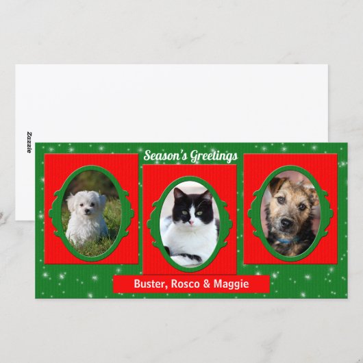 Rood en groen huisdierliefhebber 3 foto feestdagenkaart (Voorkant / Achterkant)