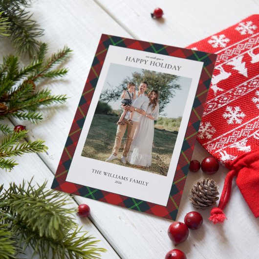 Rood en groen kariert familiefoto feestdagenkaart