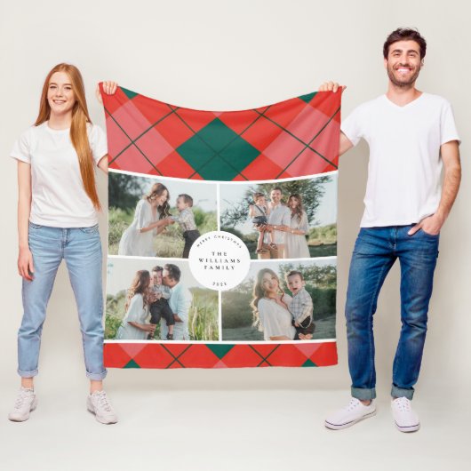 Rood en groen kariert gezinsfoto met Kerstmis Fleece Deken (In situ)