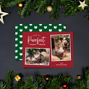 Rood- en Groen Kat Face Purrfect Holiday-fotokaart Feestdagenkaart