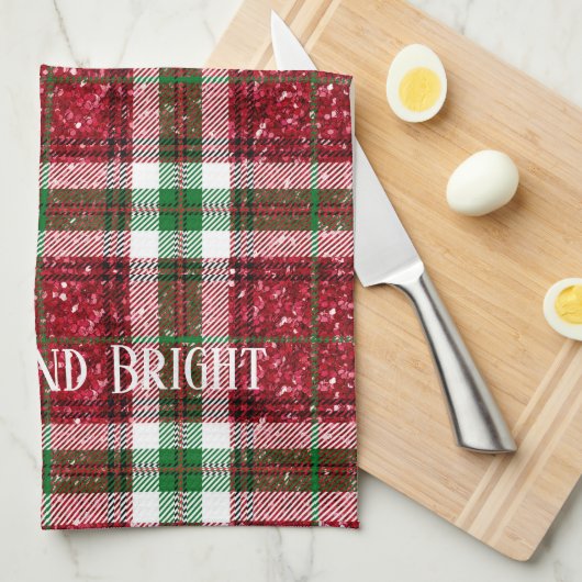 Rood en groen kerstcadeautje Merry en Bright Theedoek (Quarter Fold)