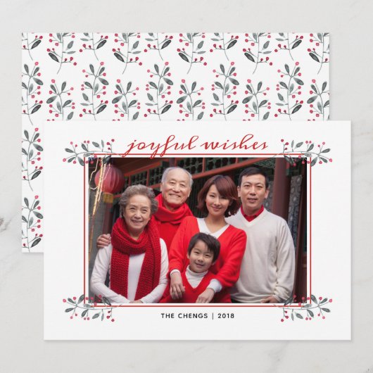 Rood en groen kerstfeest Holly Joyful Wishes Famil Feestdagenkaart (Voorkant / Achterkant)