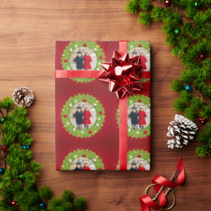 Rood en groen kerstfeest met één foto herhalen cadeaupapier