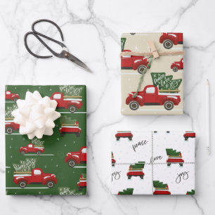 Rood en groen kerstfeestdag vrachtwagen inpakpapier vel