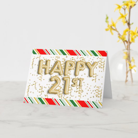 Rood en Groen Kerstmis Goud 21e Verjaardag Kaart (Gele Bloem)