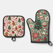 Rood en Groen Kerstmispatroon Ovenwant & Pannenlap Set (Voorkant)