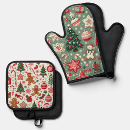 Rood en Groen Kerstmispatroon Ovenwant & Pannenlap Set