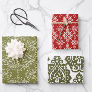 Rood en groen klassiek damast patroon Kerstmis Inpakpapier Vel
