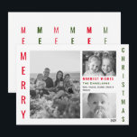 Rood en Groen Kleur Pop Minimalistische Collage Feestdagenkaart<br><div class="desc">Een eenvoudige minimale fotocollage met drie zwart-wit foto's met een rode en groene kleur pop. Vrolijk kerstfeest in rood en groen in verticale tekst lijsten de foto's in moderne minimalistische typografie. Een zeer eenvoudige maar elegante manier om uw Warmste Wensen te verzenden. Personaliseer met uw foto's, uw familienaam en individuele...</div>