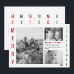 Rood en Groen Kleur Pop Minimalistische Collage Feestdagenkaart<br><div class="desc">Een eenvoudige minimale fotocollage met drie zwart-wit foto's met een rode en groene kleur pop. Vrolijk kerstfeest in rood en groen in verticale tekst lijsten de foto's in moderne minimalistische typografie. Een zeer eenvoudige maar elegante manier om uw Warmste Wensen te verzenden. Personaliseer met uw foto's, uw familienaam en individuele...</div>