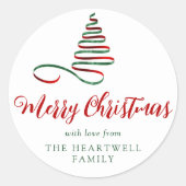 Rood en groen lint boom vrolijk kerstscript ronde sticker (Voorkant)