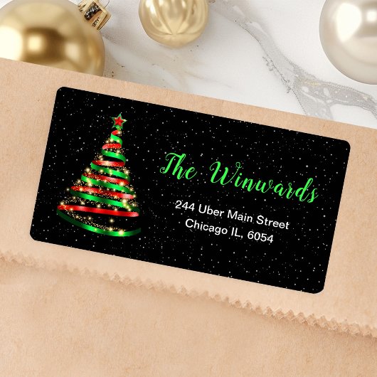 Rood en groen lint kerstboom etiket