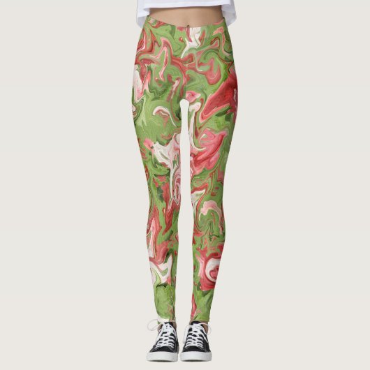 Rood en Groen Marmer Abstract Patroon Kerstmis Leggings (Voorkant)