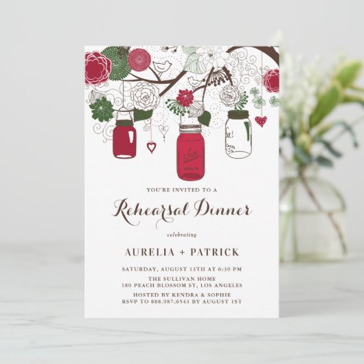 Rood en Groen Mason Jars Repetitie Diner Kaart (Staand voorkant)