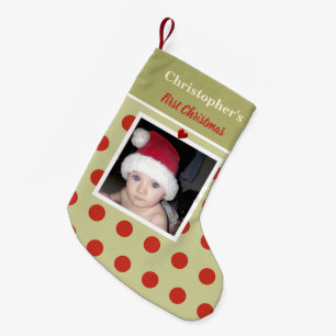 Rood en groen met foto en naam vooraan kleine kerstsok