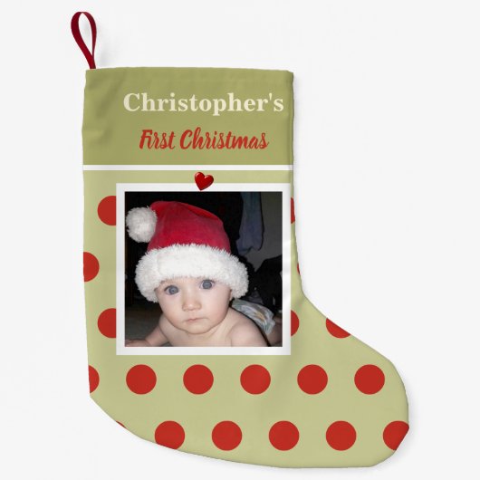 Rood en groen met foto en naam voorop kleine kerstsok (Voorkant)