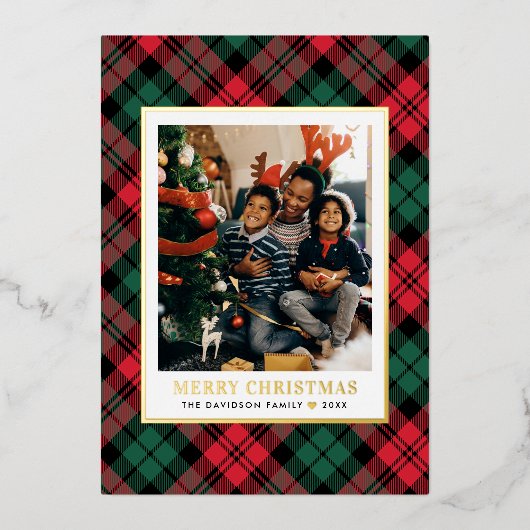 Rood en groen met kerstfoto's folie feestdagenkaart (Voorkant)