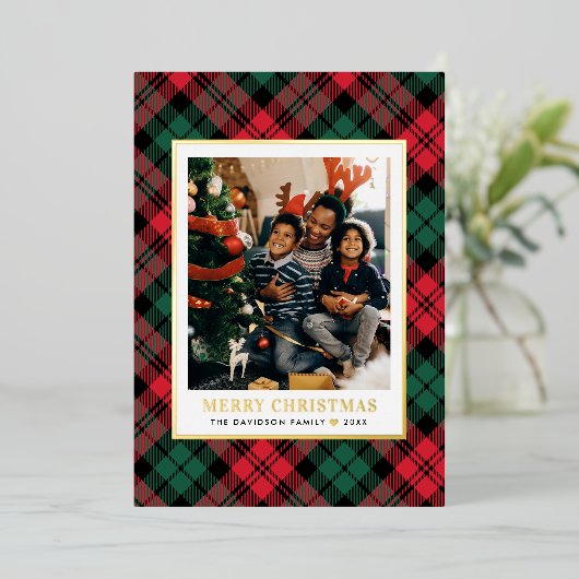 Rood en groen met kerstfoto's folie feestdagenkaart (Staand Voorkant)