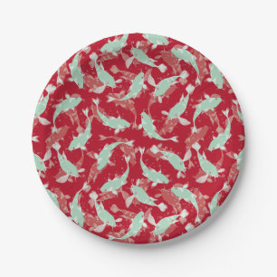 Rood en groen naadloos patroon - Koi Fish Papieren Bordje