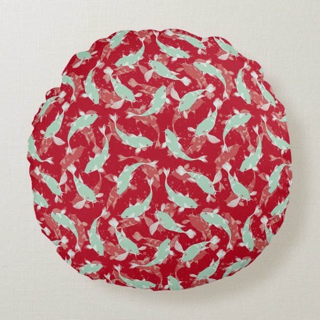 Rood en groen patroon - Koi Fish Rond Kussen (Voorkant)