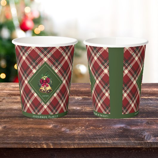 Rood en Groen Plaid Bell Merry & Bright Papieren Bekers