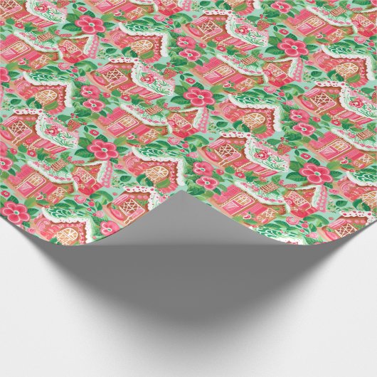 Rood en Groen Preppy Kerstmis Gingerbread Huizen Cadeaupapier (Hoek)