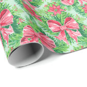 Rood en Groen Preppy Kerstmis Poinsettias & Bogen Cadeaupapier (Rol Hoek)