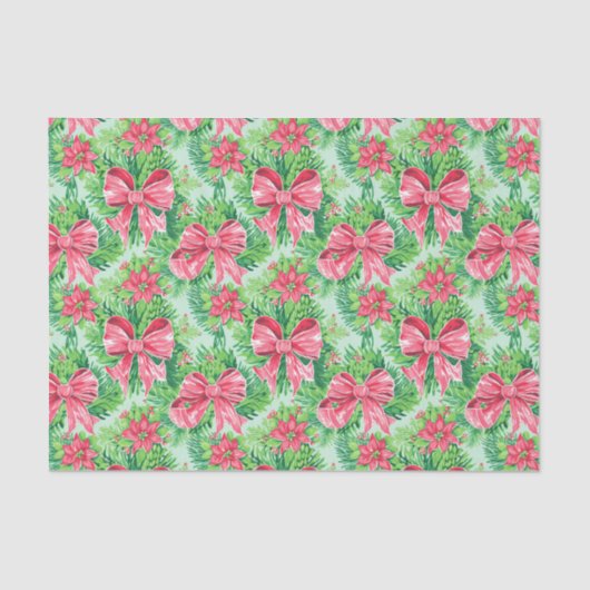 Rood en Groen Preppy Kerstmis Poinsettias & Bogen Tissuepapier (Voorkant)