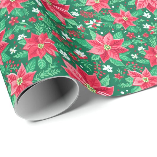 Rood en Groen Preppy Kerstmis Poinsettias Cadeaupapier (Rol Hoek)