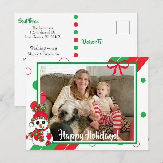 Rood en Groen Sneeuwman Familie Foto Kerstmis Briefkaart (Voorkant / Achterkant)