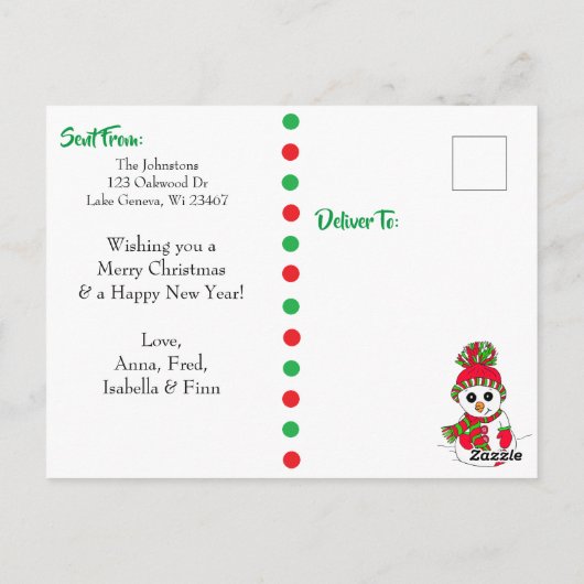 Rood en Groen Sneeuwman Familie Foto Kerstmis Briefkaart (Achterkant)