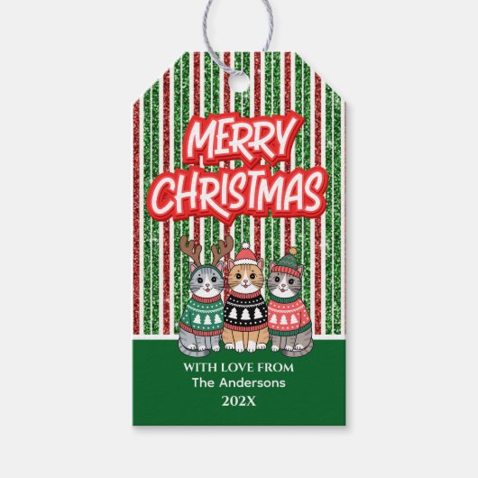 Rood en groen Snoep Strepen Kerstkatten Cadeaulabel (Voorkant)