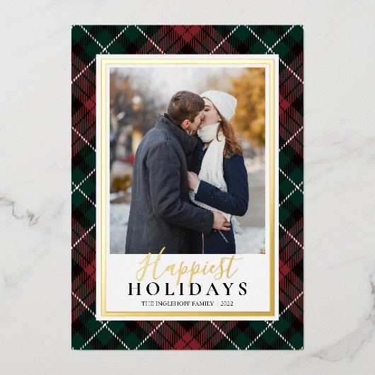 Rood en groen Tartan Geluksste Feestdagen Foto (Voorkant)