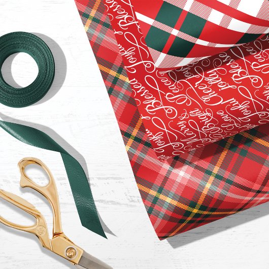 Rood- en Groen Tartan Pset-kersttypografie Inpakpapier Vel