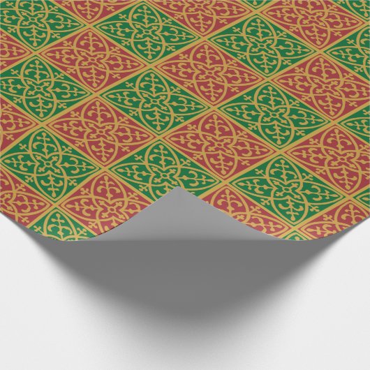 Rood en Groen Tegel Kunst op Gouden Patroon Cadeaupapier (Hoek)