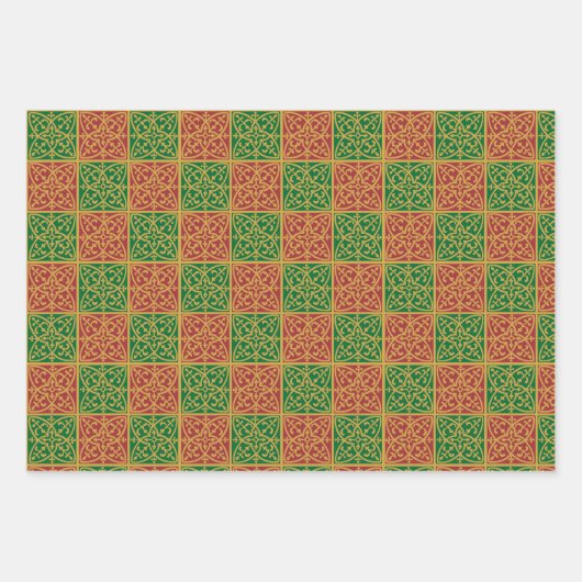 Rood en Groen Tegel Kunst op Gouden Patroon Inpakpapier Vel (Voorkant)
