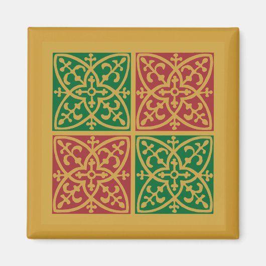 Rood en Groen Tegel Kunst op Gouden Patroon Magneet (Voorkant)