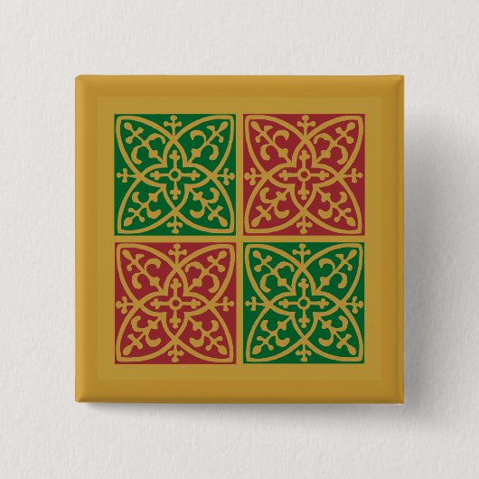 Rood en Groen Tegel Kunst op Gouden Patroon Vierkante Button 5,1 Cm (Voorkant)