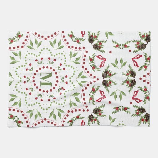 Rood en Groen Vakantie Monogram Custom Theedoek (Horizontaal)