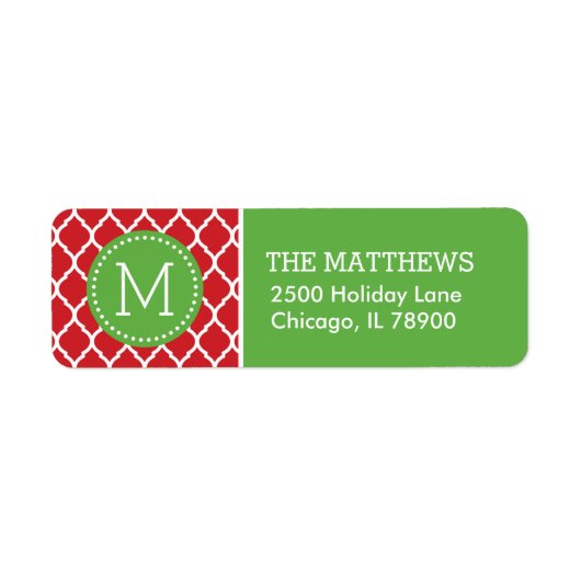 Rood en Groen Vakantie Quatrefoil Monogram Etiket (Voorkant)