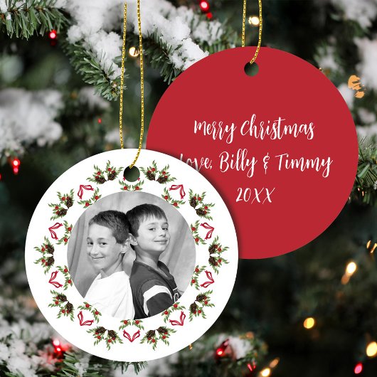 Rood en Groen Vrolijk Kerstfoto Custom Keramisch Ornament