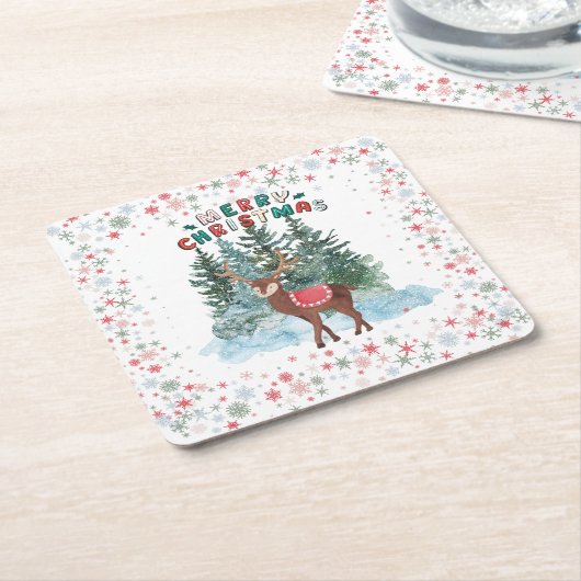 Rood en groen vrolijk kerstrendier kartonnen onderzetters (Schuin)