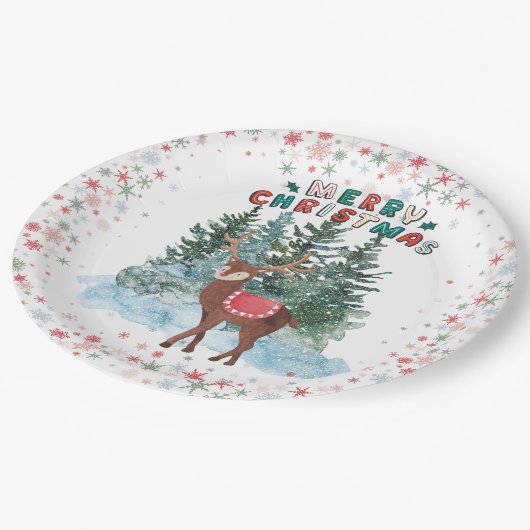 Rood en groen vrolijk kerstrendier papieren bordje (Gekanteld)