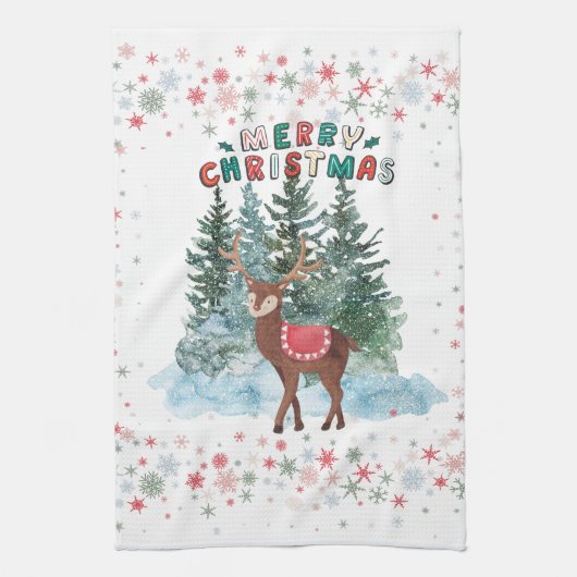 Rood en groen vrolijk kerstrendier theedoek (Verticaal)