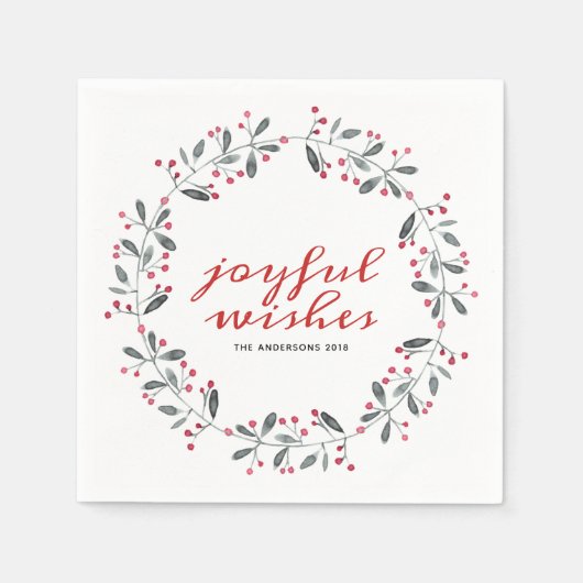 Rood en groen Waterverf Holly Kerstmis Wreater Servet (Voorkant)