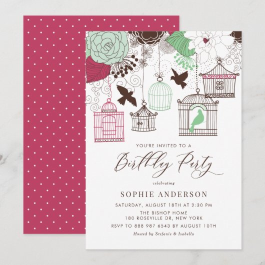 Rood en Groen Whimsical Birdcages Verjaardag Kaart (Voorkant / Achterkant)